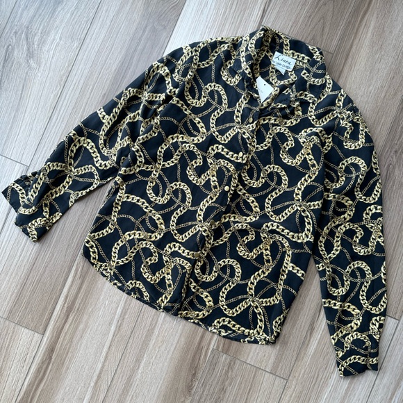 Vintage Tops - Vintage Black Gold Silk Chain Link Long Sleeve Button Down Top